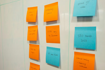 Whiteboard covered with sticky notes arranged as a kanban board
